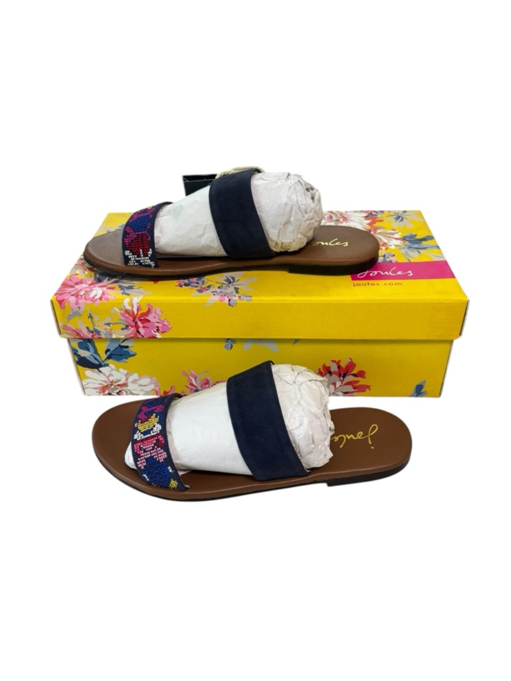 Joules Fenthorpe Sandals Shoes Womens 5 Blue Floral Embroidered Leather Slide